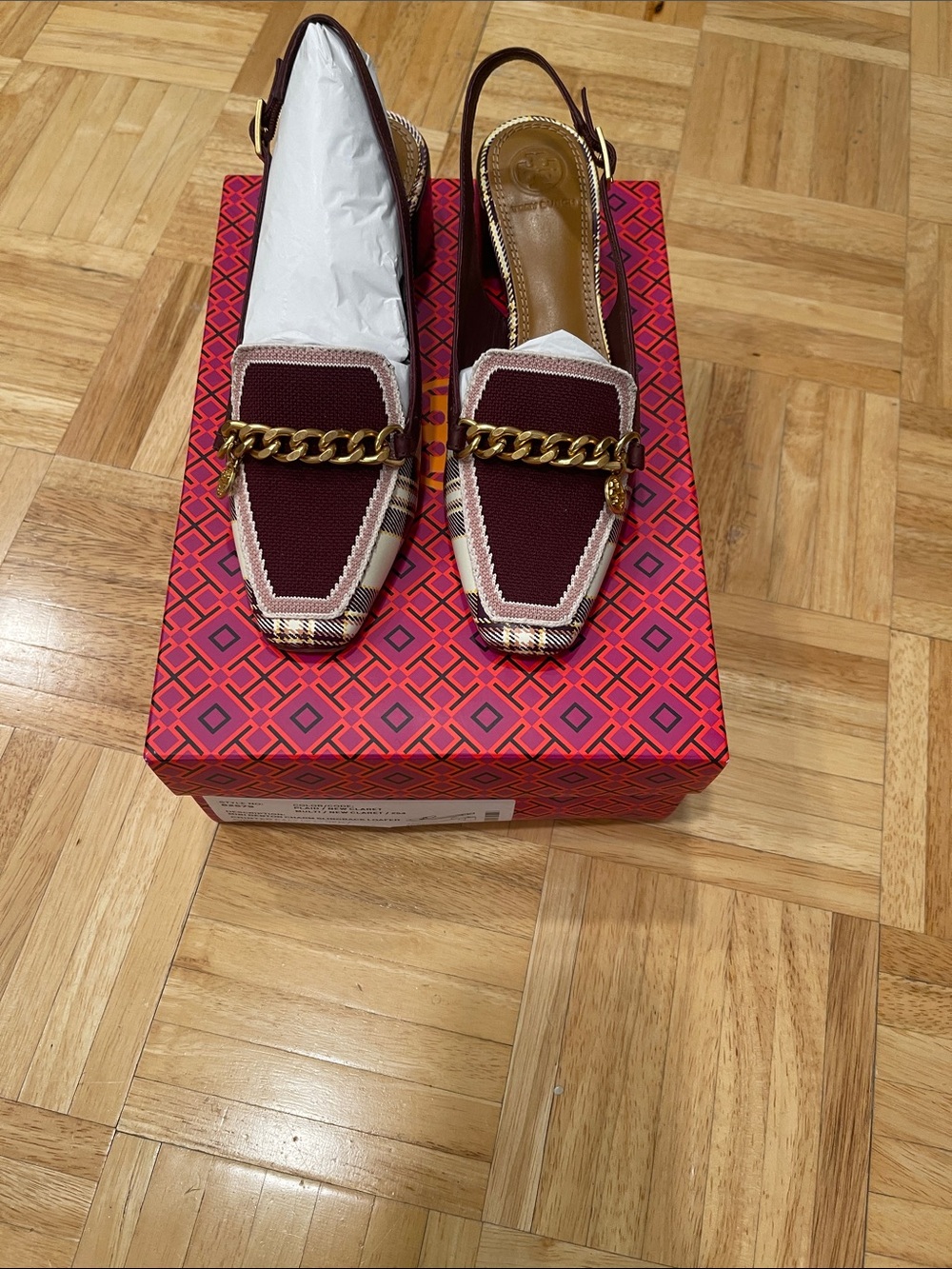 Women's Burgundy Plaid slingback loafer. - Picture 5 of 6